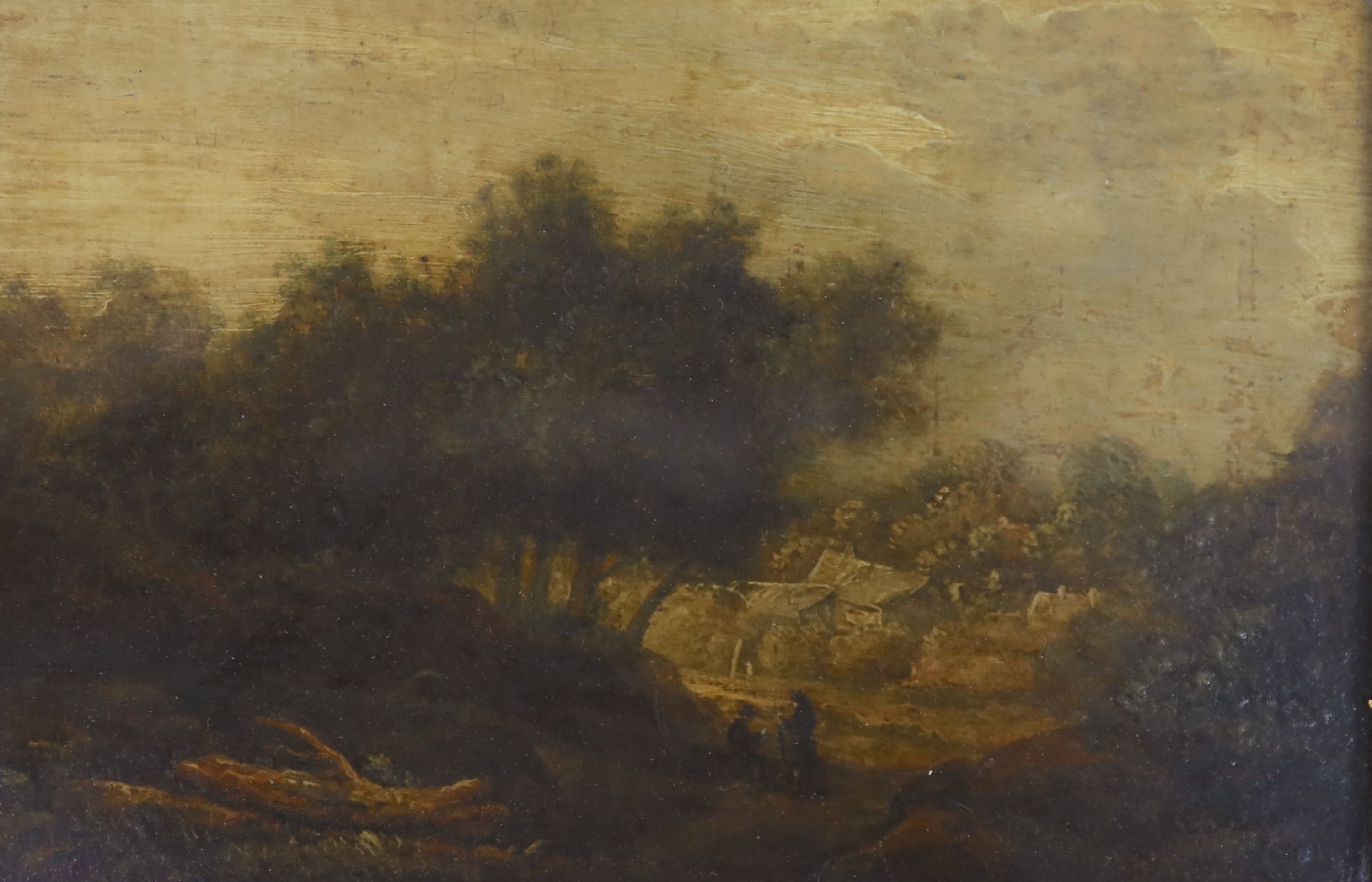Late 18th century English School, pair of oils on wooden panels, Travellers in landscapes, 17 x 25cm